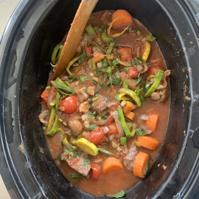 Shin stew in slow cooker, ready to cook