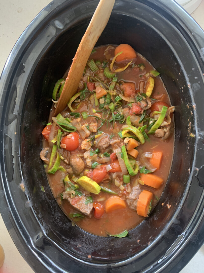 Shin stew in slow cooker, ready to cook